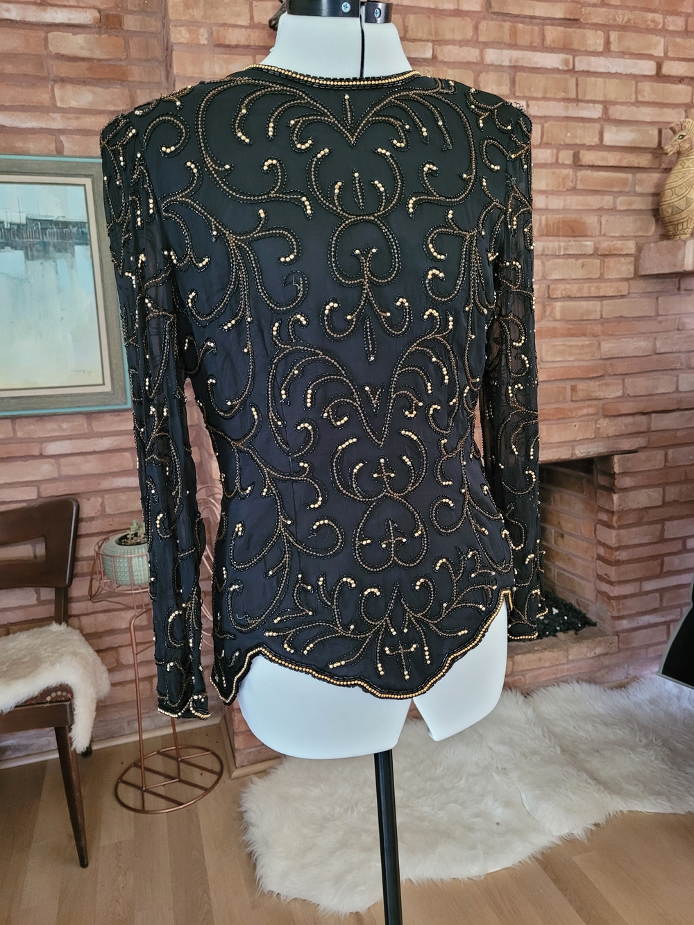 Scala 100% Silk Black Sheer Beaded Long-Sleeve Blouse with Gold Accents